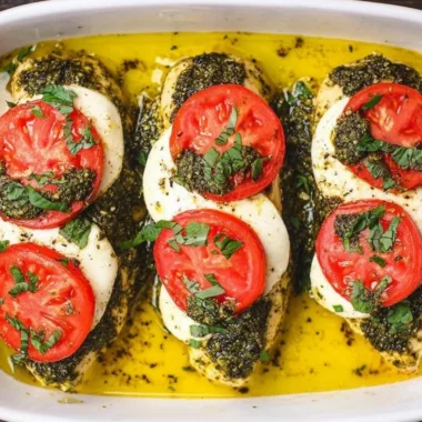 Basil pesto chicken bake with tomatoes and mozzarella cheese