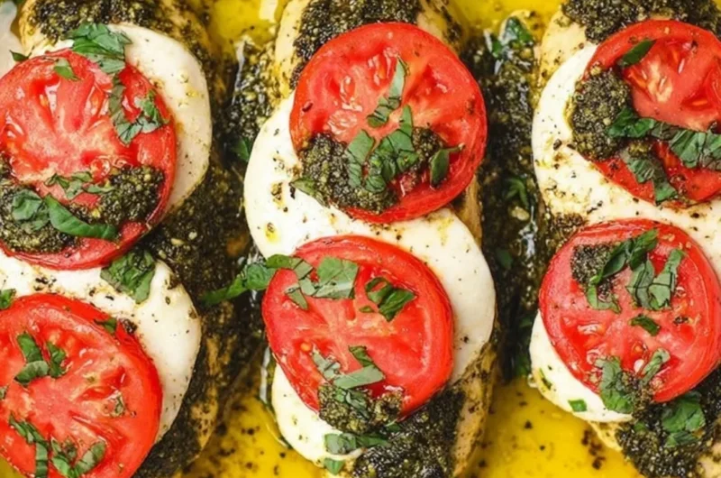 Basil pesto chicken bake with tomatoes and mozzarella cheese