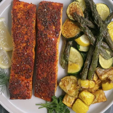 Delicious oven baked salmon garnished with herbs and lemon slices.