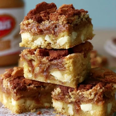 Delicious Biscoff blondies with a golden brown crust and creamy cookie butter topping