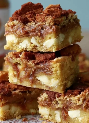 Delicious Biscoff blondies with a golden brown crust and creamy cookie butter topping