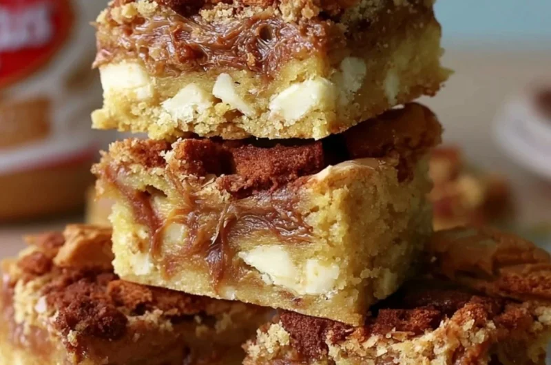 Delicious Biscoff blondies with a golden brown crust and creamy cookie butter topping