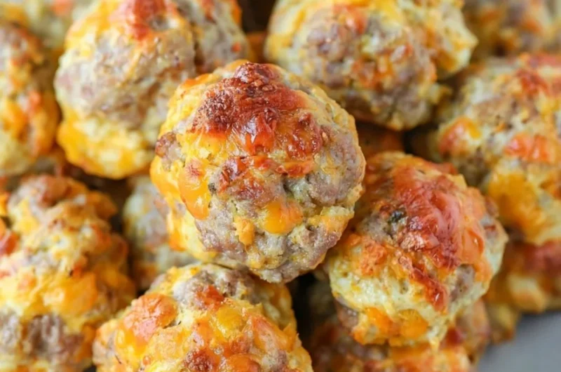 Plate of golden Bisquick sausage balls ready to be served
