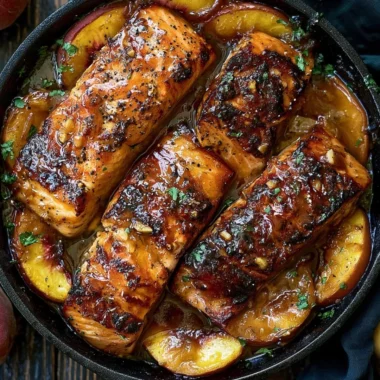 Bourbon Peach Roasted Salmon served on a plate with fresh peaches and herbs.