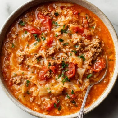 A bowl of delicious homemade cabbage roll soup garnished with herbs.