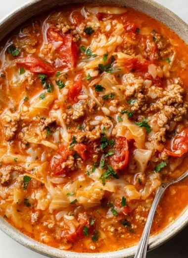 A bowl of delicious homemade cabbage roll soup garnished with herbs.