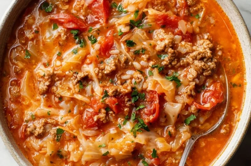 A bowl of delicious homemade cabbage roll soup garnished with herbs.