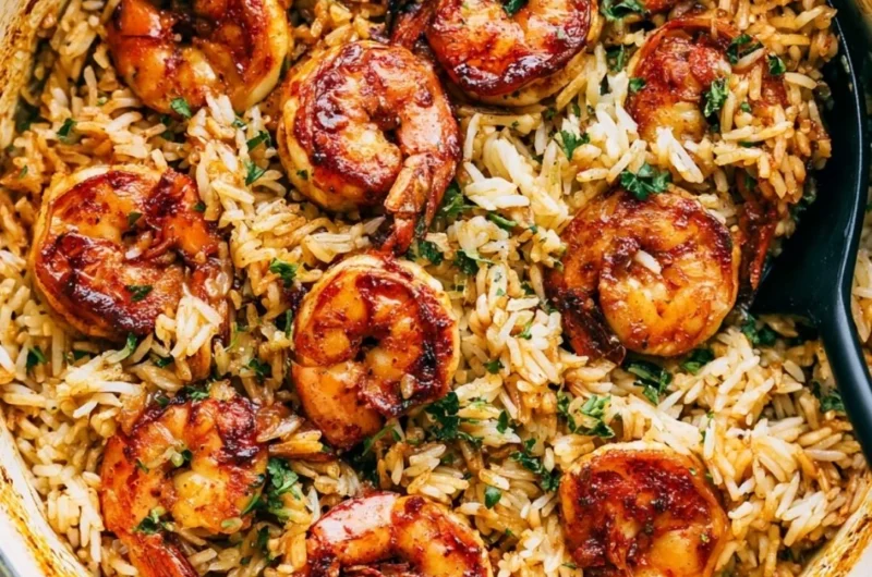 Cajun shrimp served on a bed of rice garnished with herbs