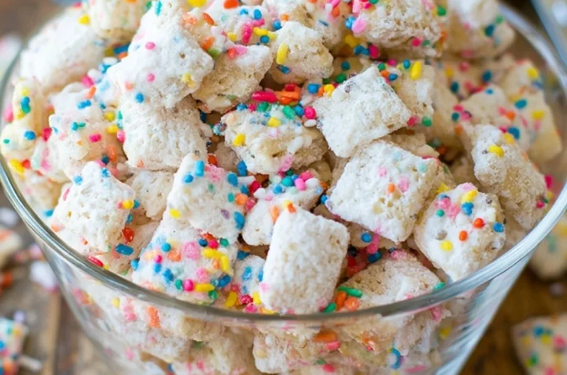 Delicious Cake Batter Puppy Chow in a bowl with colorful sprinkles
