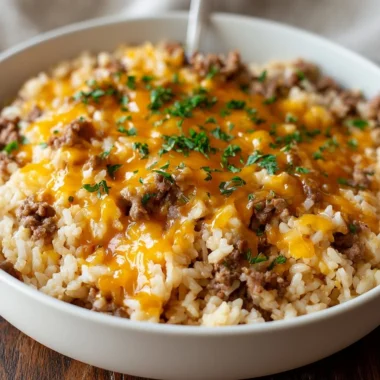 Cheesy ground beef and rice casserole served in a baking dish