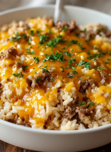 Cheesy ground beef and rice casserole served in a baking dish