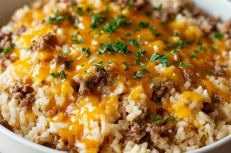 Cheesy ground beef and rice casserole served in a baking dish