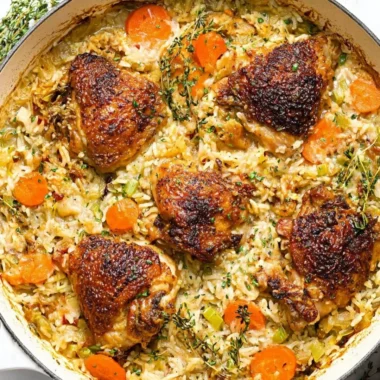 Delicious Chicken Rice Casserole topped with herbs and served in a dish.
