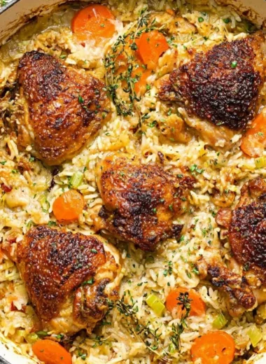Delicious Chicken Rice Casserole topped with herbs and served in a dish.