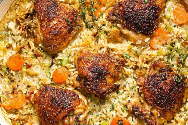 Delicious Chicken Rice Casserole topped with herbs and served in a dish.