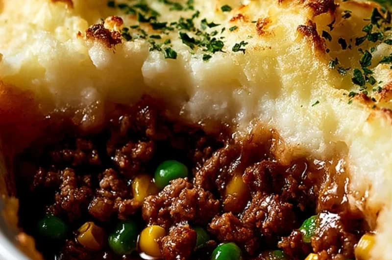 Delicious Shepherd's Pie served in a rustic dish, topped with golden mashed potatoes.