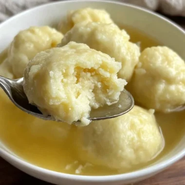 Delicious drop dumplings resting in a warm bowl of soup