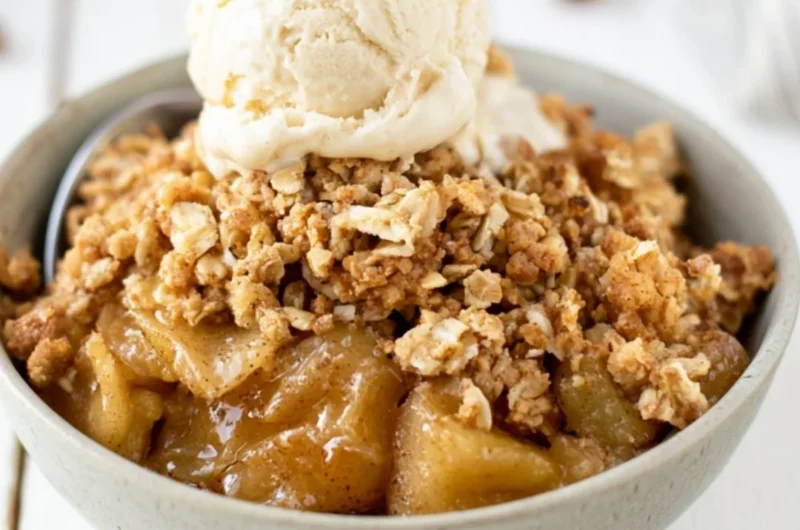 Easiest apple crisp freshly baked in a dish, ready to serve.