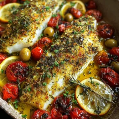 Delicious Mediterranean baked fish garnished with fresh herbs and lemon slices.