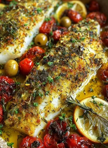 Delicious Mediterranean baked fish garnished with fresh herbs and lemon slices.