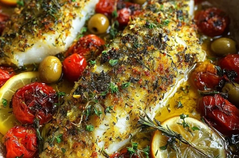 Delicious Mediterranean baked fish garnished with fresh herbs and lemon slices.