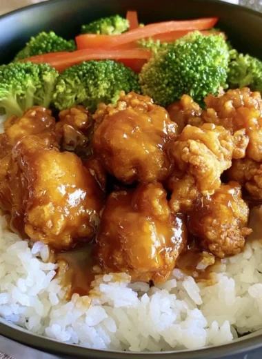 Delicious easy orange chicken served with rice and vegetables