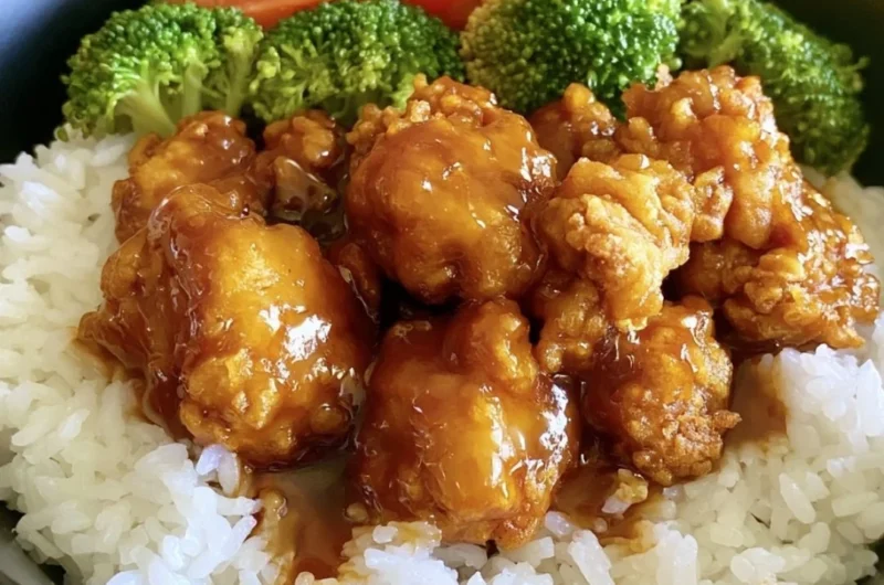 Delicious easy orange chicken served with rice and vegetables