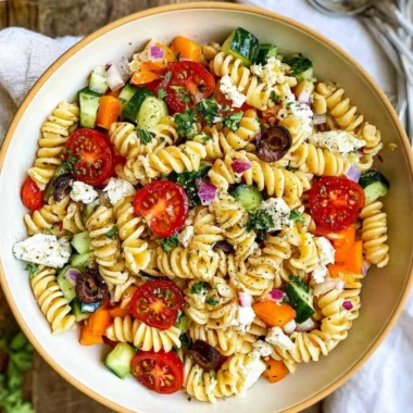 Colorful and fresh easy pasta salad garnished with vegetables and dressing.