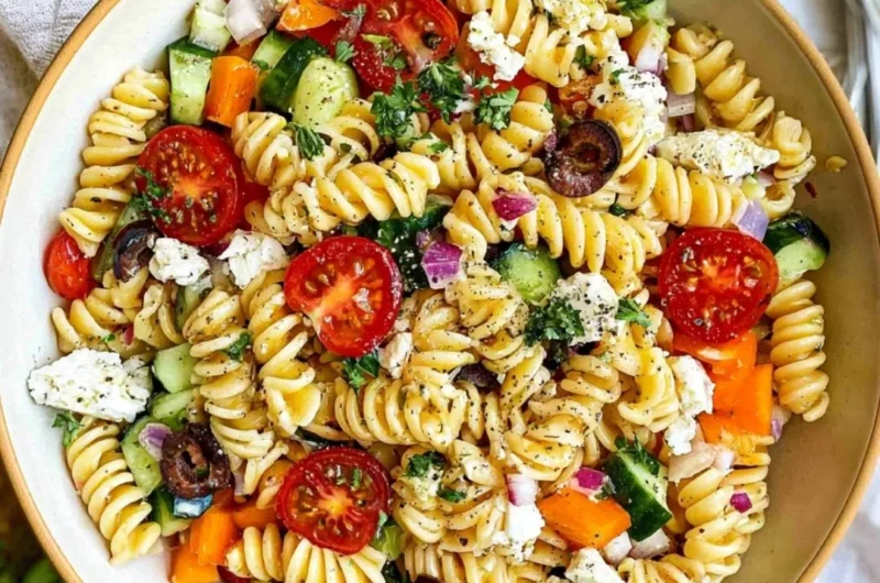 Colorful and fresh easy pasta salad garnished with vegetables and dressing.
