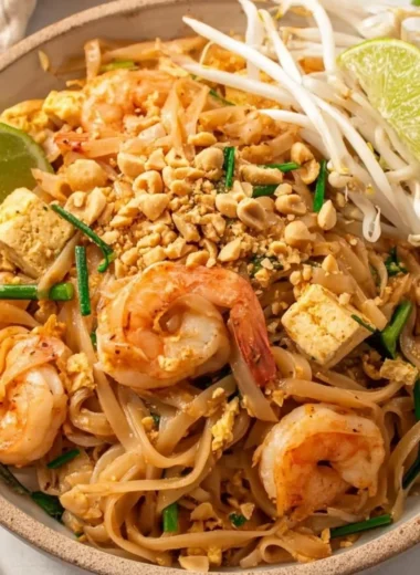 A vibrant plate of easy Thai fried rice garnished with vegetables and herbs.