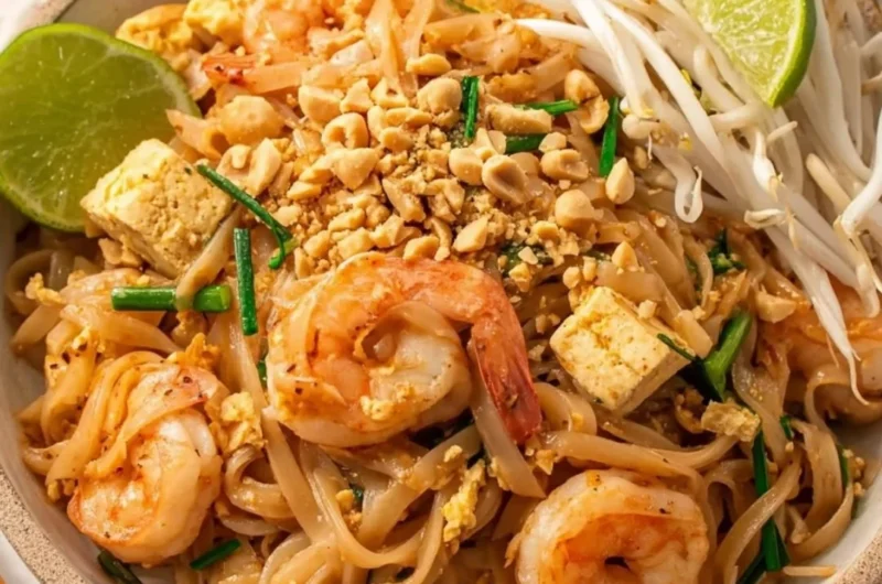 A vibrant plate of easy Thai fried rice garnished with vegetables and herbs.