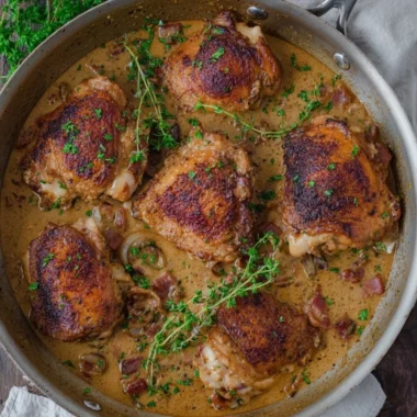 Delicious plate of French Mustard Chicken with herbs and spices