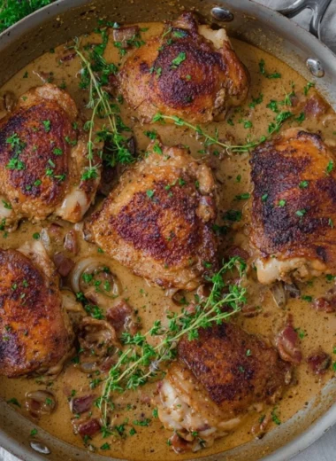 Delicious plate of French Mustard Chicken with herbs and spices