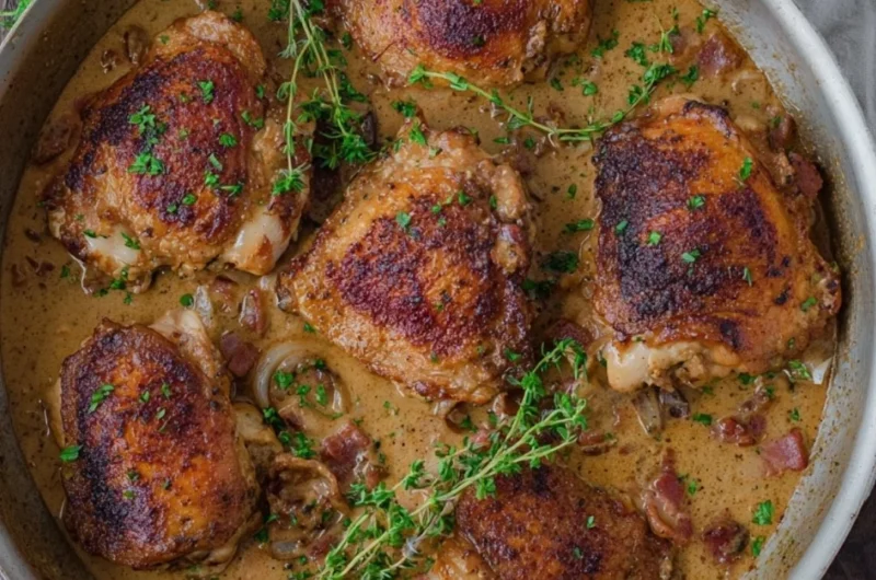 Delicious plate of French Mustard Chicken with herbs and spices