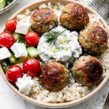 Delicious Greek turkey meatballs served with creamy tzatziki sauce