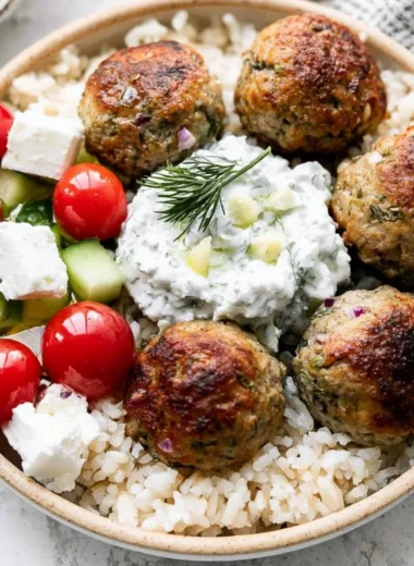 Delicious Greek turkey meatballs served with creamy tzatziki sauce