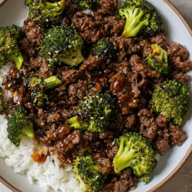 Ground Beef and Broccoli stir-fry served on a plate