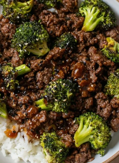 Ground Beef and Broccoli stir-fry served on a plate