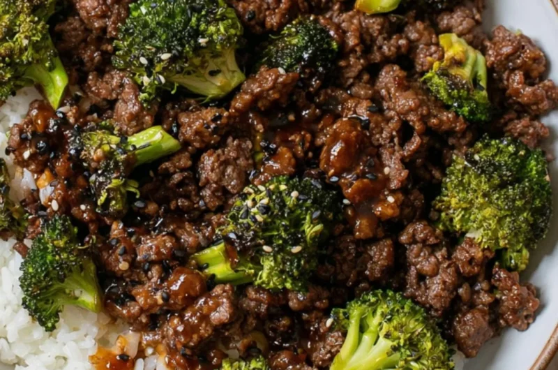 Ground Beef and Broccoli stir-fry served on a plate