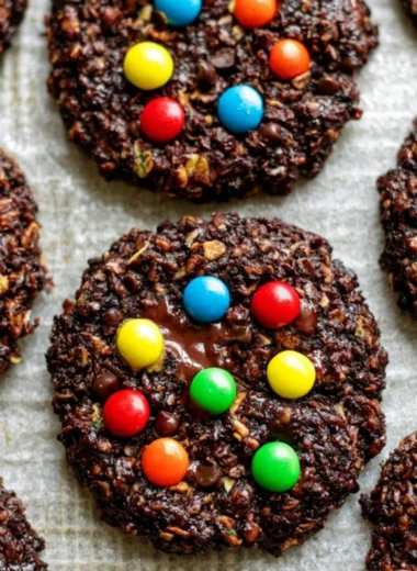Healthy flourless chocolate monster cookies made with nutritious ingredients