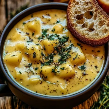 Bowl of hearty potato soup garnished with herbs and a slice of bread