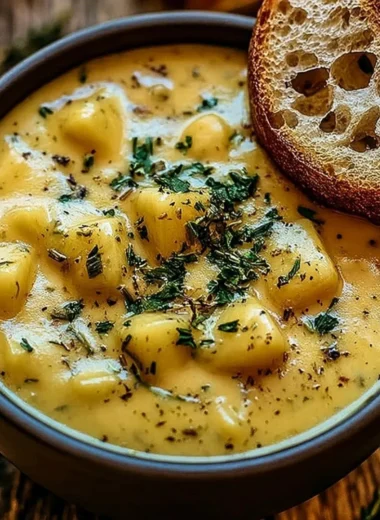 Bowl of hearty potato soup garnished with herbs and a slice of bread