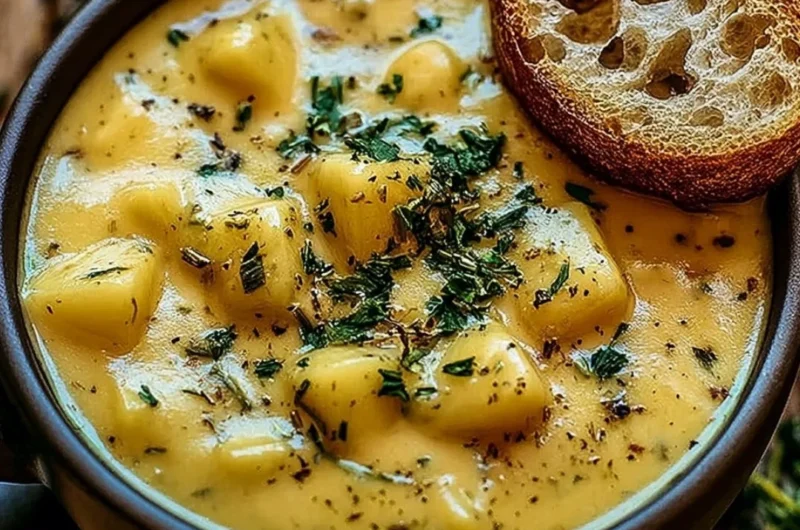 Bowl of hearty potato soup garnished with herbs and a slice of bread