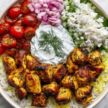 High Protein Mediterranean Lemon-Dill Chicken Bowls with fresh veggies and grains