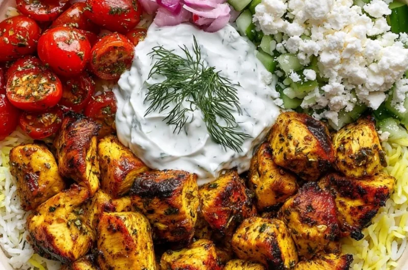 High Protein Mediterranean Lemon-Dill Chicken Bowls with fresh veggies and grains