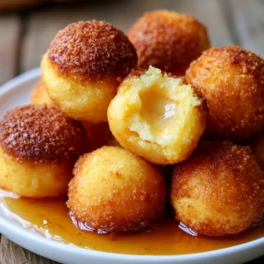 Delicious honey butter cornbread poppers served warm with a drizzle of honey.