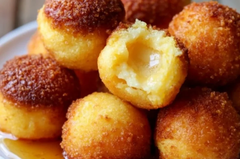 Delicious honey butter cornbread poppers served warm with a drizzle of honey.