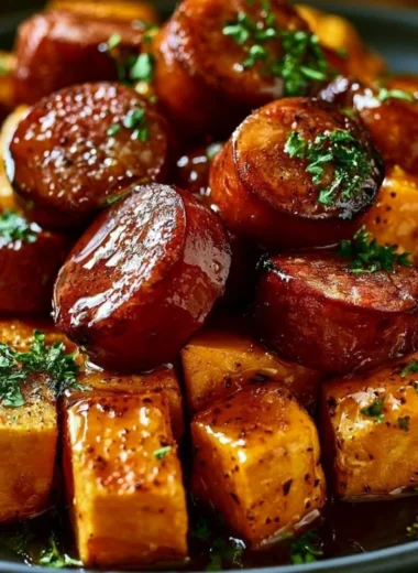 Honey Garlic Sausage served with roasted sweet potatoes on a plate