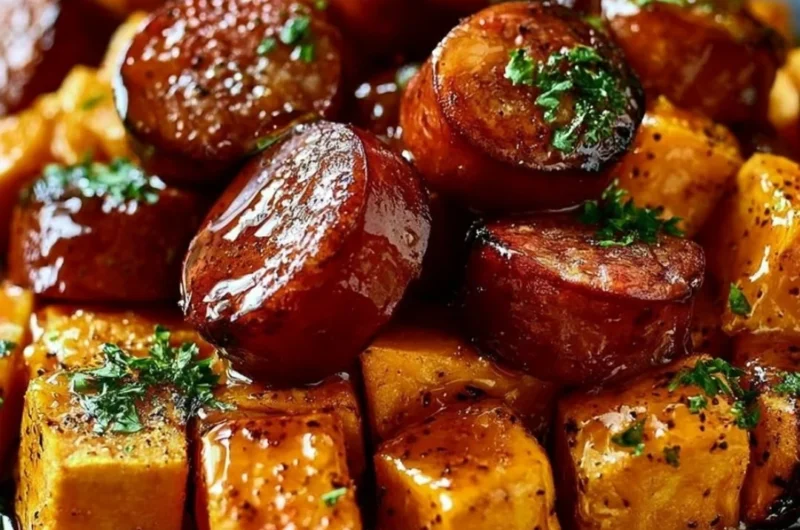 Honey Garlic Sausage served with roasted sweet potatoes on a plate