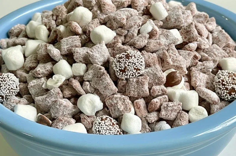 Delicious Hot Chocolate Puppy Chow dessert with chocolate and marshmallows